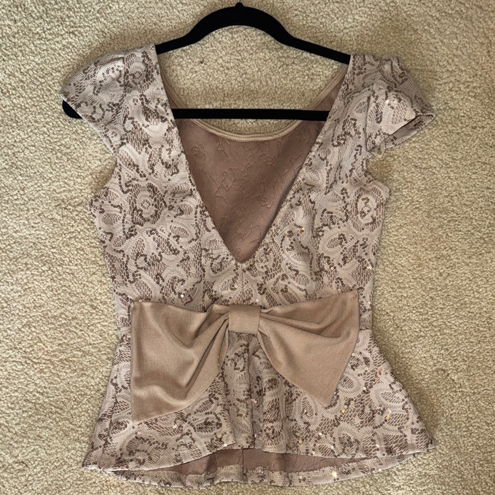 Windsor Nude Asymmetrical Tie Front Peplum Blouse